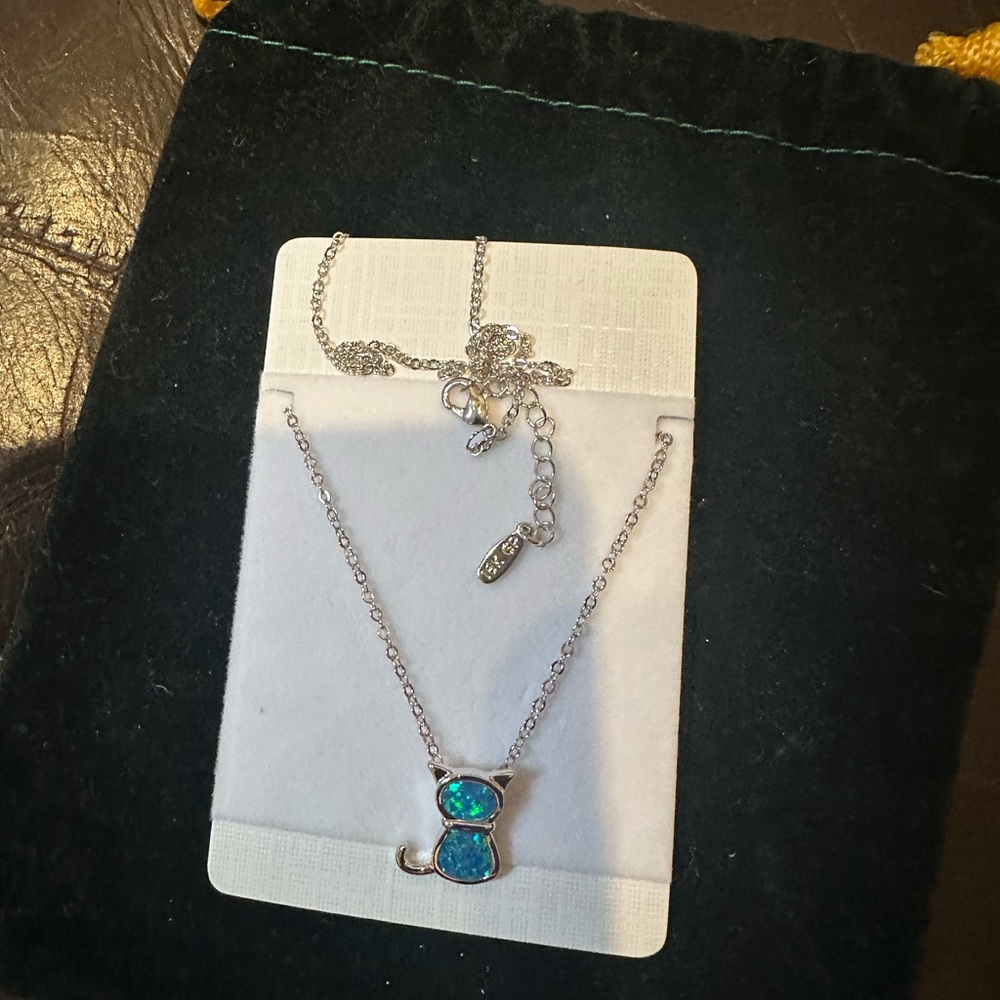 Silver Cat Pendant Necklace with Blue Accents